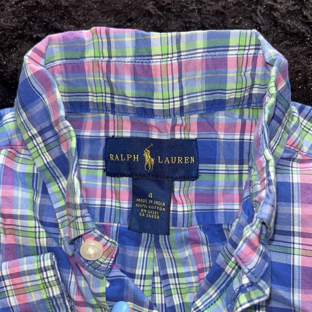 Boys Size 4 Button Down Shirt Ralph Lauren Blue Pink Green‎ Plaid Long Sleeve